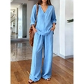 Set due pezzi in cotone e lino celeste con top scollo a V e pantaloni a gamba larga - S / Blu