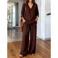 Women's casual dark coffee V-neck long sleeve top and matching wide leg pants set - S / Top And Bottom / Chestnut