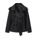 Giacca corta trench nera da donna con cintura, colletto a revers e spalline di classe - S / Nero