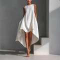 White sleeveless high-low hem dress in breathable linen-cotton blend for summer vacation - S / White