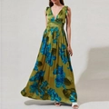 Détail du décolleté en V profond et nœuds aux épaules sur robe longue fleurie bohème - S / Bleu Vert