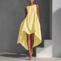 Pale yellow sleeveless high-low dress with flowy asymmetrical hem for summer vacations - S / Yellow