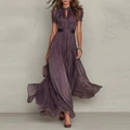 Detailed texture of flowing purple chiffon fabric on V-neck maxi dress with waist belt - S / Top And Bottom / Purple