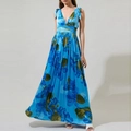 Deep V-neck blue floral maxi dress with high waist pleats and shoulder tie details - S / Blue