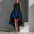 Navy blue sleeveless high-low hem dress in a breathable textured fabric for women - S / Dark Blue