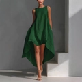 Deep green sleeveless high-low dress with vertical texture and an elegant draped hemline - S / Green