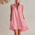 Pink sleeveless cotton-linen beach dress with ruffle hem and V-neck zipper detail - S / Pink