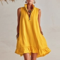 Sleeveless bright yellow beach dress with a half-zipper collar and ruffled hem details - S / Yellow