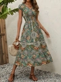 Robe midi bohème à imprimé paisley pour femme avec col en V et taille haute smockée - S / Vert