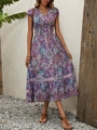 Bohemian V-neck maxi dress with purple and turquoise paisley print and smocked waist - S / Purple