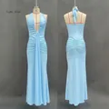 Front and back detail of light blue halter V-neck maxi dress with ruched fishtail design - S / Light Blue