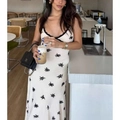 Floral V-neck backless slip dress with black lace trim in a vintage French style - S / Milky White