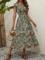 Bohemian v-neck floral maxi dress with smocked waist and paisley print in green and yellow - S / Green
