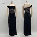 Détails de la robe longue en dentelle noire élégante montrant le devant et le dos - S / Robes / Noir