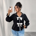 Damenjacke in Schwarz mit langen Ärmeln, weißen Schleifen und Kontrastpaspeln - 3XL / Schwarz