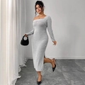 Graues geripptes Ein-Schulter-Kleid mit hohem Seitenschlitz und elegantem Langarm-Schnitt - XL / Grau
