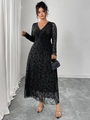 Detail of V-neck with lace trim and bow on black jacquard long-sleeve evening dress - 3XL / Black