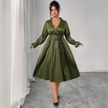 Elegantes dunkelgrünes V-Ausschnitt Kleid mit hoher Taille, Laternenärmeln und Satin-Struktur - XL / Grün