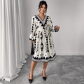 Women's V-neck midi dress featuring black tribal geometric prints on white fabric - XL / White