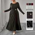 Elegantes schwarzes Langarmkleid mit Taillenfalten und stilvoller goldener Schnalle - 3XL / Schwarz