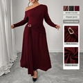 Elegante vestido largo color vino tinto de un hombro con cintura alta y hebilla de metal - 3XL / Burdeos