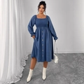 Navy blue high-waist smocked dress with square neck and wooden buttons for women - 1XL / Blue