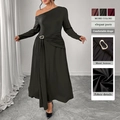 Elegante vestido negro de una manga con pliegues en la cintura y hebilla metálica dorada - 3XL / Negro