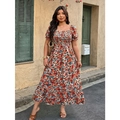 Floral square neck maxi dress with puff sleeves and backless design for summer vacations - 2XL / Maple Red