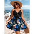 Vestido de baño de talla grande con cuello en V, encaje en cintura y estampado tropical - XL / Estampado Tropical Negro