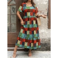 Böhmisches V-Ausschnitt Maxikleid mit Patchwork-Print, kurzen Ärmeln und Stufenrock - XL / Bunt
