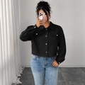 Giacca corta da donna in velluto a coste nero con maniche a lanterna e bottoni frontali - 1XL / Nero