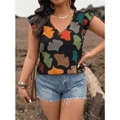 Top negro sin mangas con cuello en V, estampado de hojas de ginkgo y volantes con shorts - 1XL / Negro