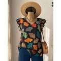Plus size V-neck ruffle sleeve blouse with colorful gingko leaf print on a black base - 1XL / Black Printed