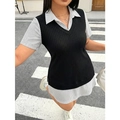 Conjunto de 2 piezas para mujer con chaleco de punto negro y vestido camisero a rayas - 1XL / Negro
