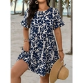 Plus Size Maxikleid mit Blumendruck und Rüschenärmeln für den Sommerurlaub am Strand - 3XL / Blau