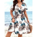 Vestido de verano con estampado tropical de palmeras, escote en V y cintura elástica - 4XL / Blanco