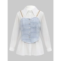 White long sleeve shirt set with light blue tweed vest and gold chain straps - 1XL / White
