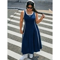 Women's plus size navy blue sporty maxi dress with white contrast trim and California print - XL / Dark Blue