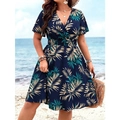 Abito estivo blu navy taglie forti con scollo a V, stampa tropicale e vita elastica per vacanza - XL / Blu