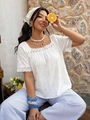 Detail of square neck white cotton top with eyelet embroidery and lace trim on the sleeves - XL / White