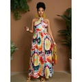 Retro maxi-jurk met halternek en levendige tie-dye bloemenprint voor op vakantie - 1XL / Rood