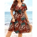 Abito estivo rosso scuro con stampa tropicale, scollo a V e vita alta elastica per le vacanze - 3XL / Rosso