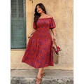 Off-shoulder smocked midi dress with vibrant red and purple geometric print in boho style - 3XL / Orange