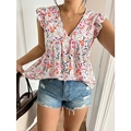 Camicetta in chiffon a fiori da donna con scollo a V, volant e pieghe in vita eleganti - 1XL / Bianco