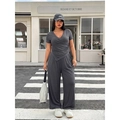 Women's plus size grey V-neck knit set with ruched top and wide leg pants for casual wear - 1XL / Gray