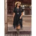 Bohemian black plus size waffle dress with short sleeves and irregular tassel hem - Black