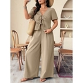 Damen Set in Khaki mit V-Ausschnitt Oberteil mit Schleifen und weiter Hose - 1XL / Khaki
