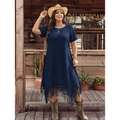 Robe grande taille bleu foncé en maille gaufrée avec ourlet à franges style bohème - Bleu Marine