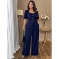 Women's navy square neck top and high waist wide leg pants set with gold buttons - 1XL / Navy Blue
