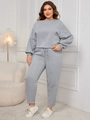 Detail of off-shoulder oversized sweatshirt with lantern sleeves and drawstring waist pants - XL / Gray